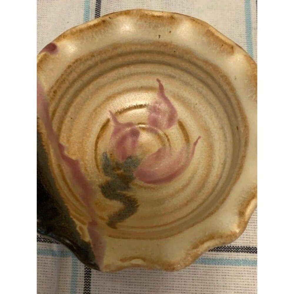 Handcrafted Ceramic Bowl With Floral Design & Scalloped Edges Signed